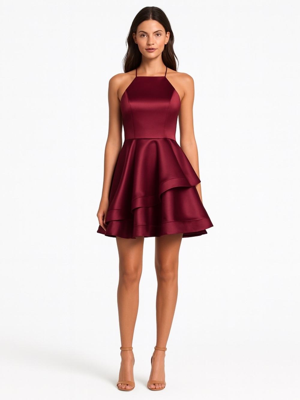 Betsy Adam Tiered Fit Flare Dress Burgundy